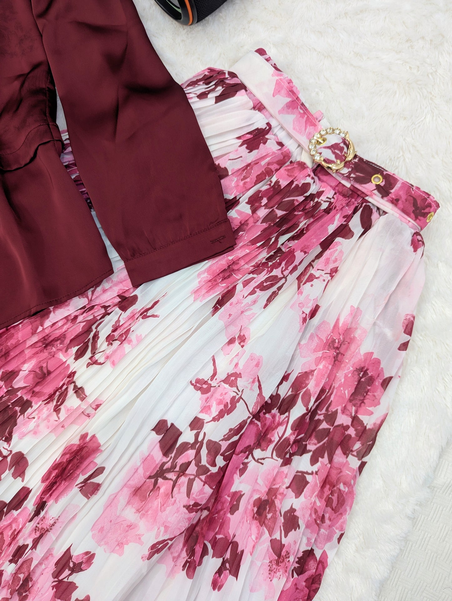 Maroon Floral Pleated Skirt Set – Elegant & Classy Look