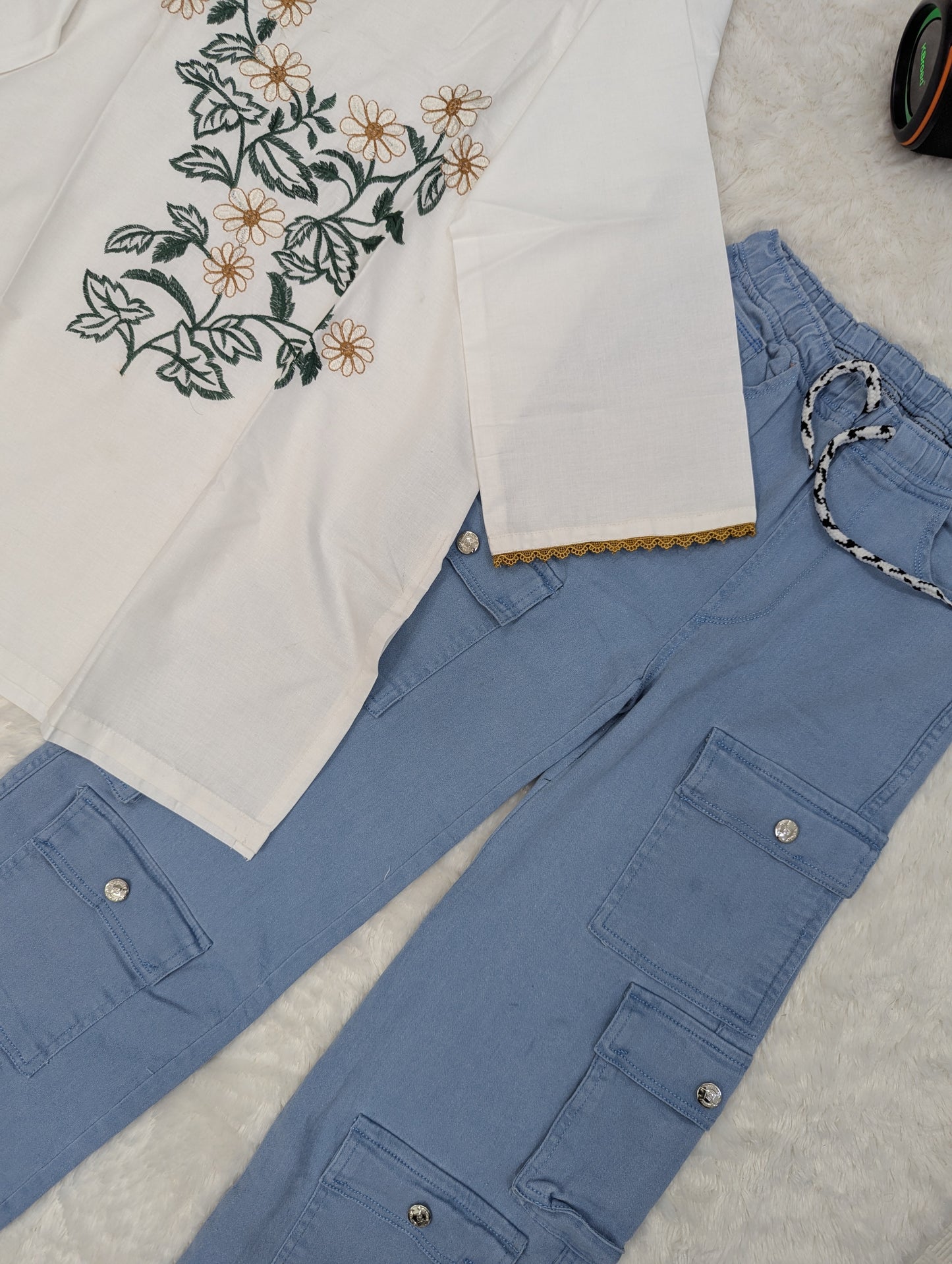 Stylish Embroidered Kurti with Cargo Pants – 2 Piece Set