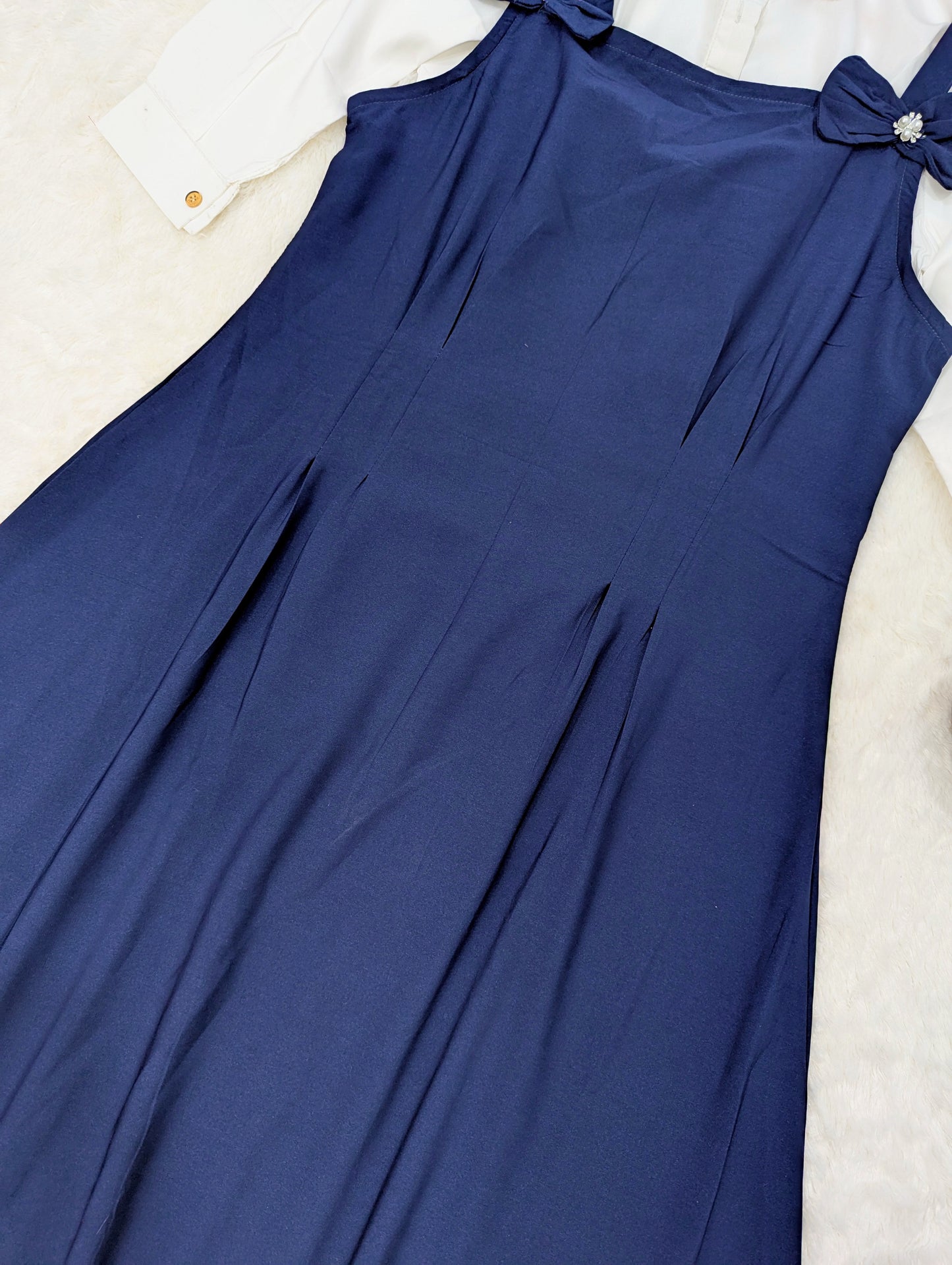 Elegant Navy Blue Romper Style Maxi Dress with White Inner Shirt