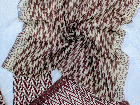 3-Piece Printed Suit for Women – Maroon & Cream Zigzag Design