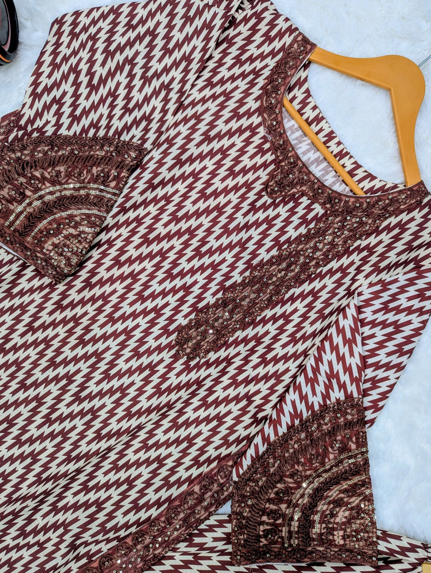3-Piece Printed Suit for Women – Maroon & Cream Zigzag Design