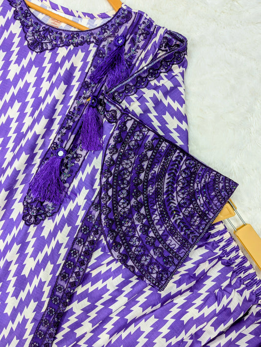 3 Piece Stitched Ladies Suit – Purple Zigzag Print (Shirt, Trouser & Dupatta)