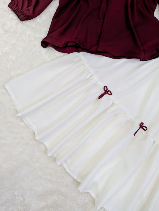 Al Shifa – Maroon Elegance Bow Top & Ivory Flare Skirt Set