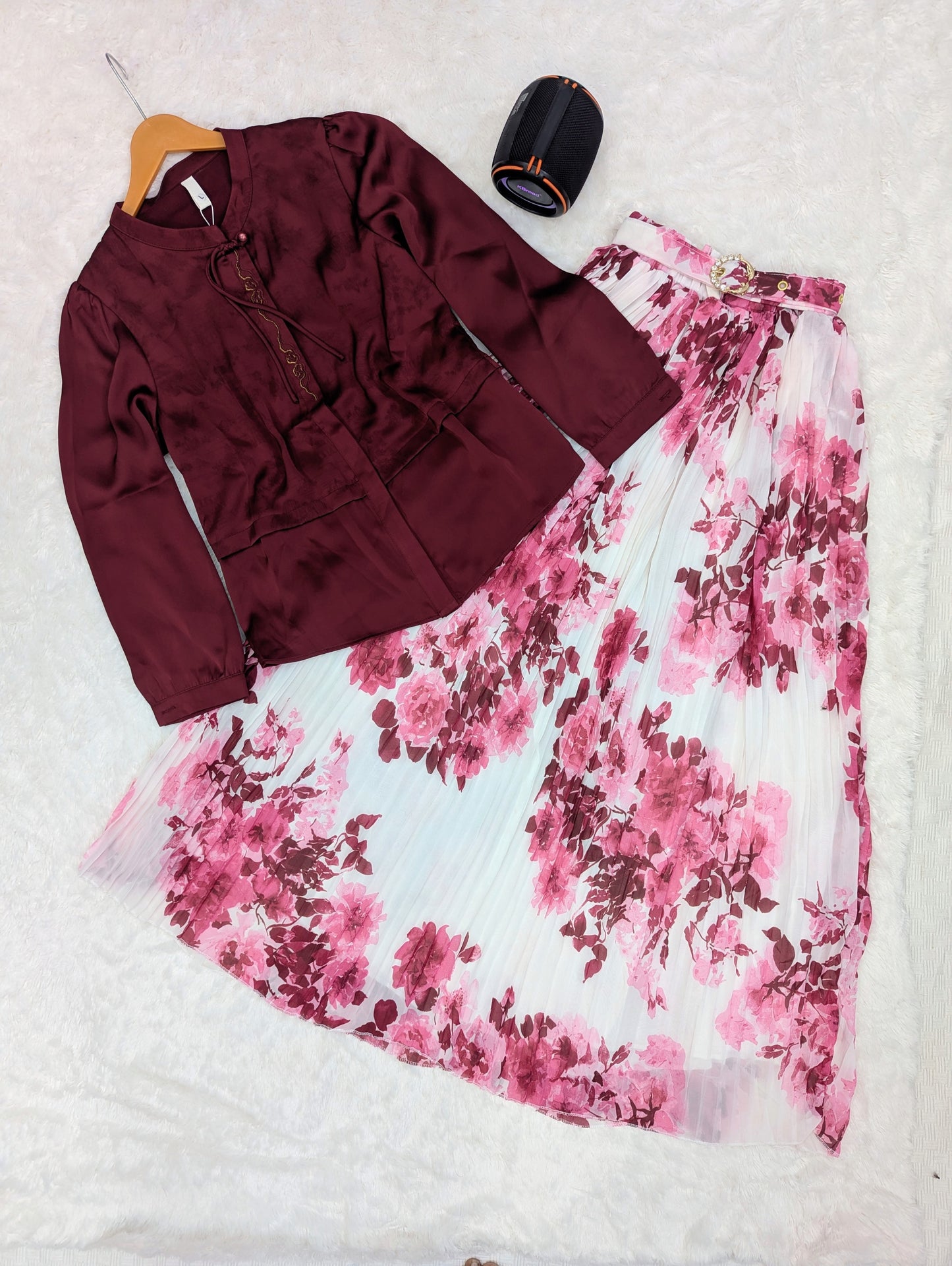 Maroon Floral Pleated Skirt Set – Elegant & Classy Look
