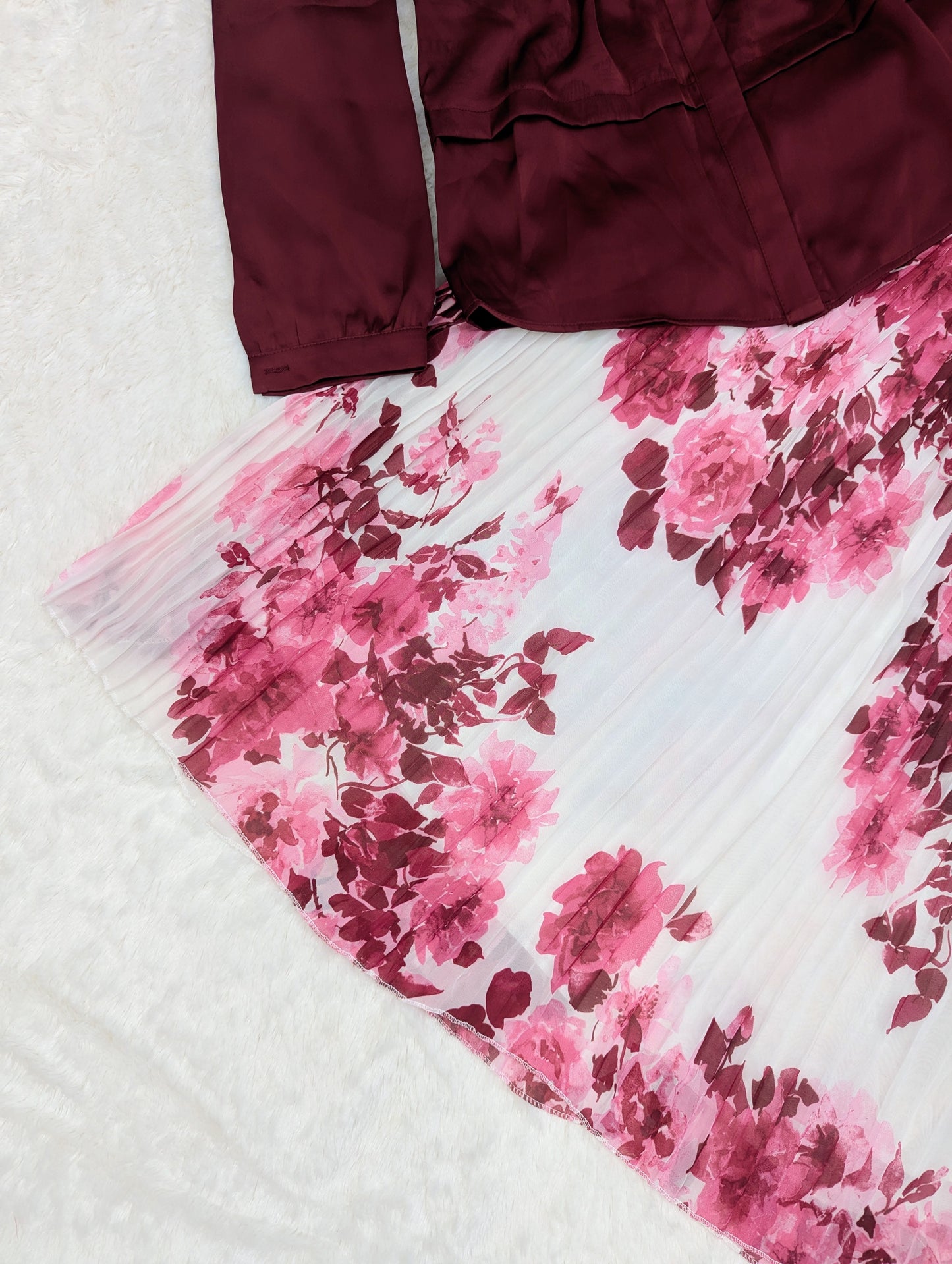 Maroon Floral Pleated Skirt Set – Elegant & Classy Look