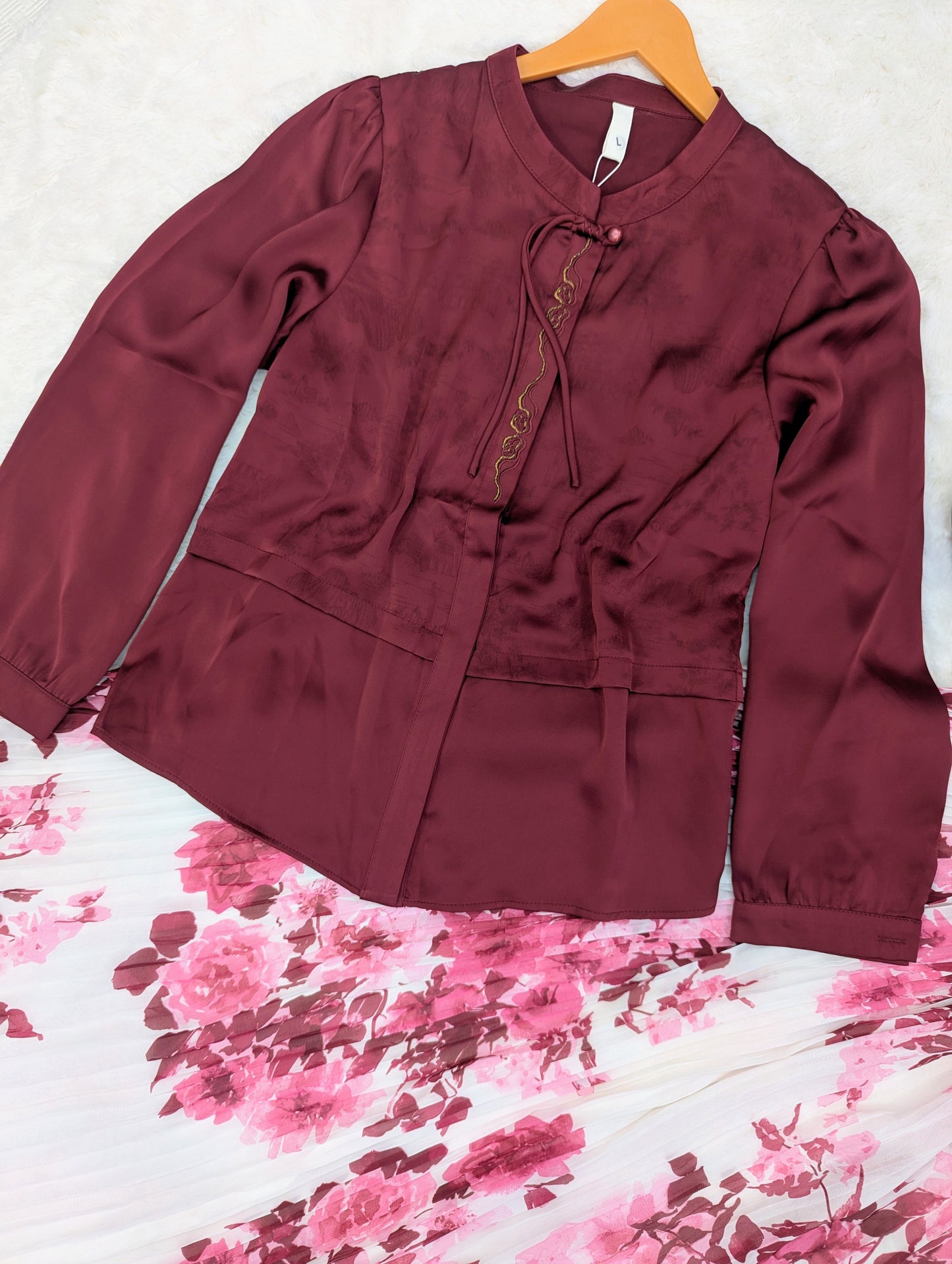 Maroon Floral Pleated Skirt Set – Elegant & Classy Look