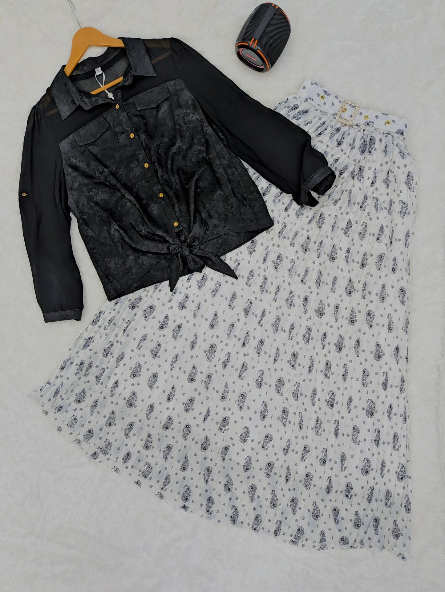 Al Shifa Western Black & White Pleated Skirt Set