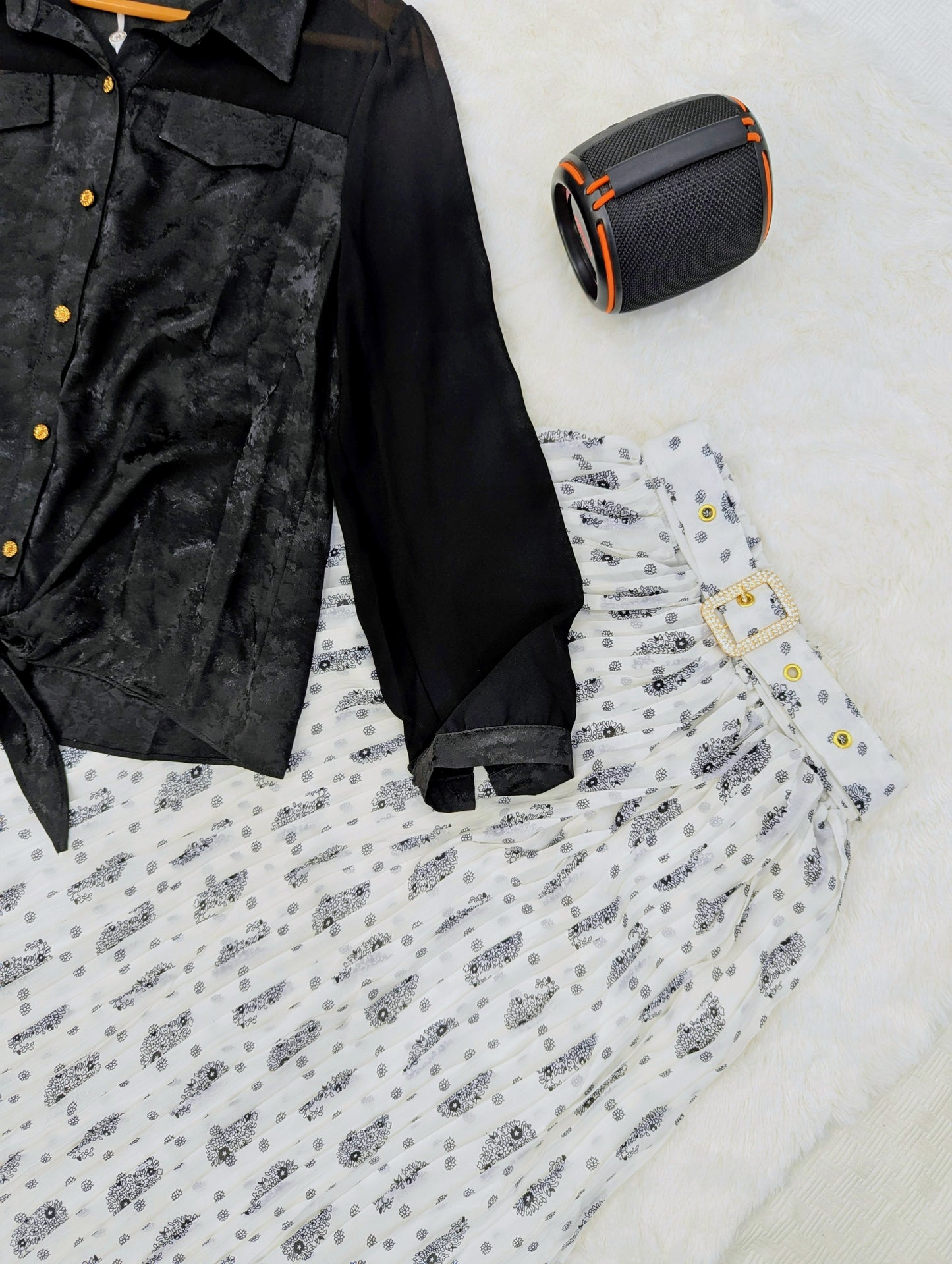 Al Shifa Western Black & White Pleated Skirt Set