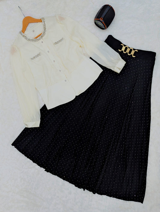 Elegant Pearl Embellished Top with Pleated Skirt – 2 Piece Set