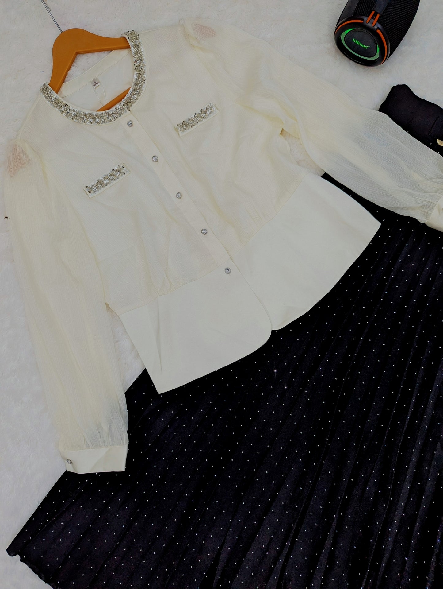 Elegant Pearl Embellished Top with Pleated Skirt – 2 Piece Set