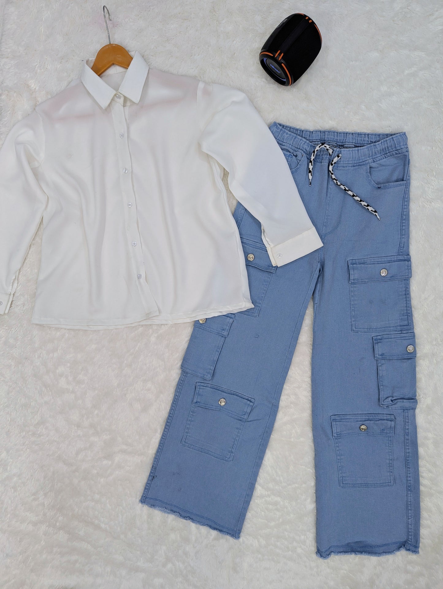 Classic White Shirt with Light Blue Cargo Pants – 2 Piece Set