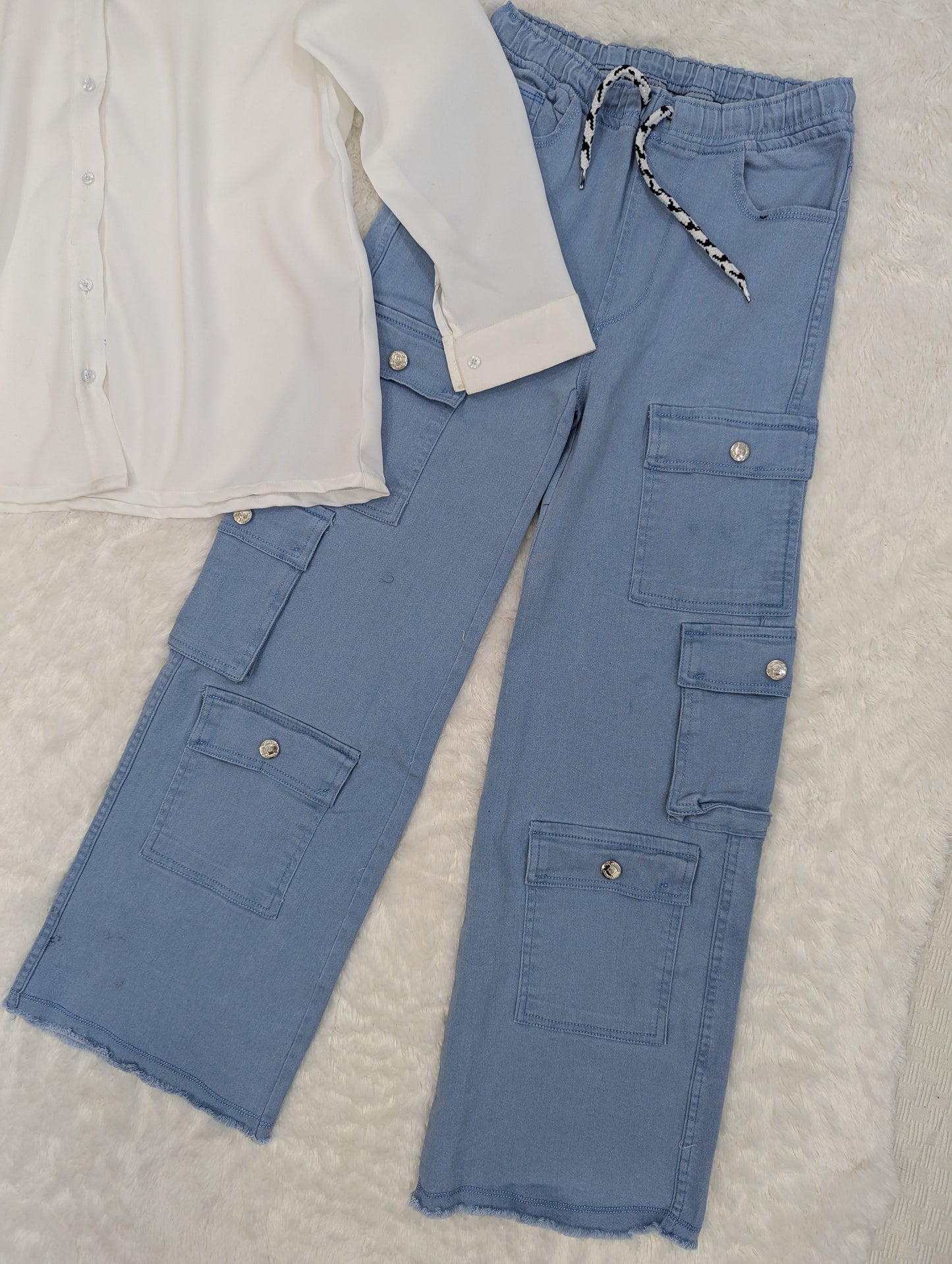 Classic White Shirt with Light Blue Cargo Pants – 2 Piece Set