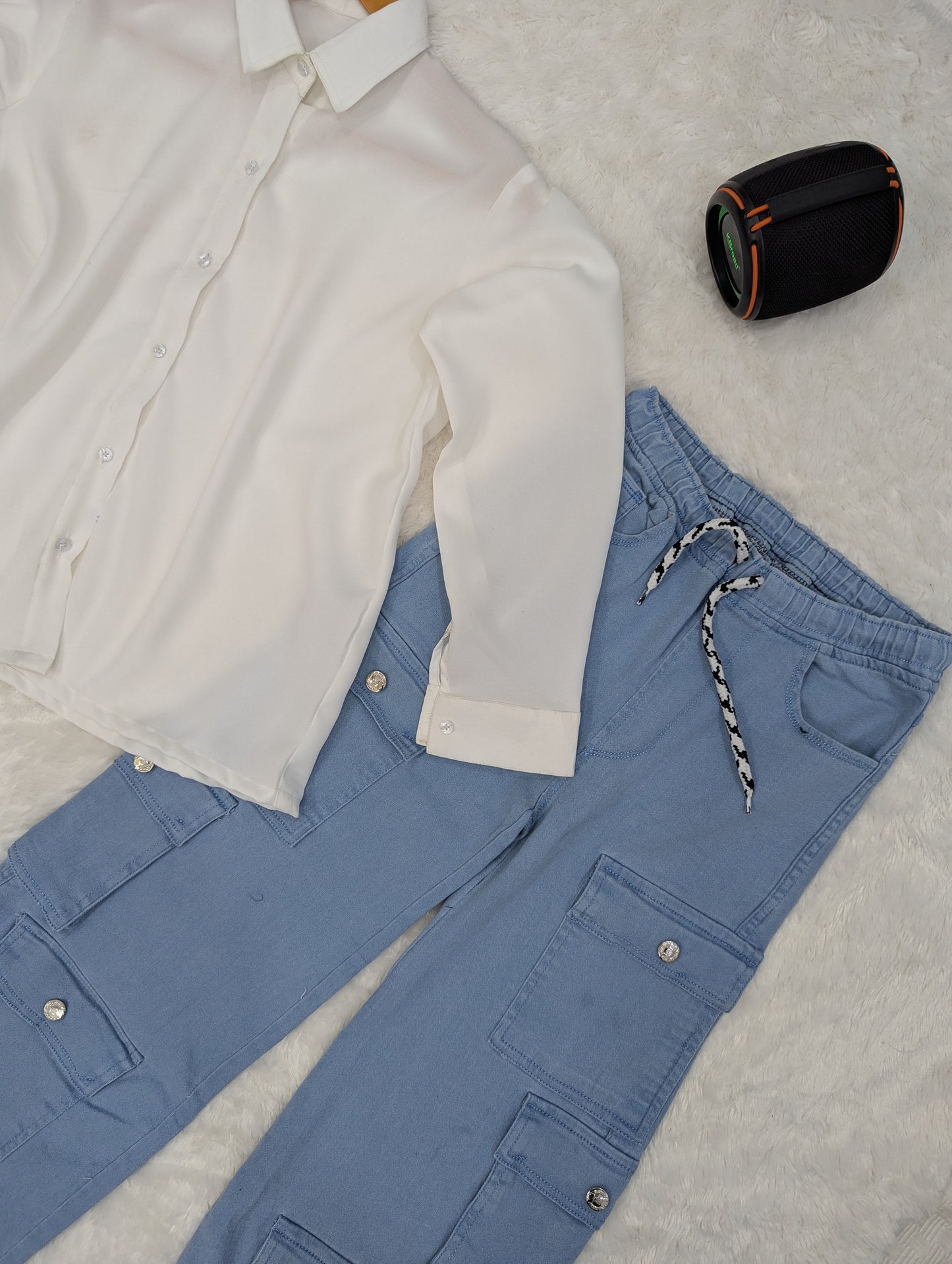 Classic White Shirt with Light Blue Cargo Pants – 2 Piece Set
