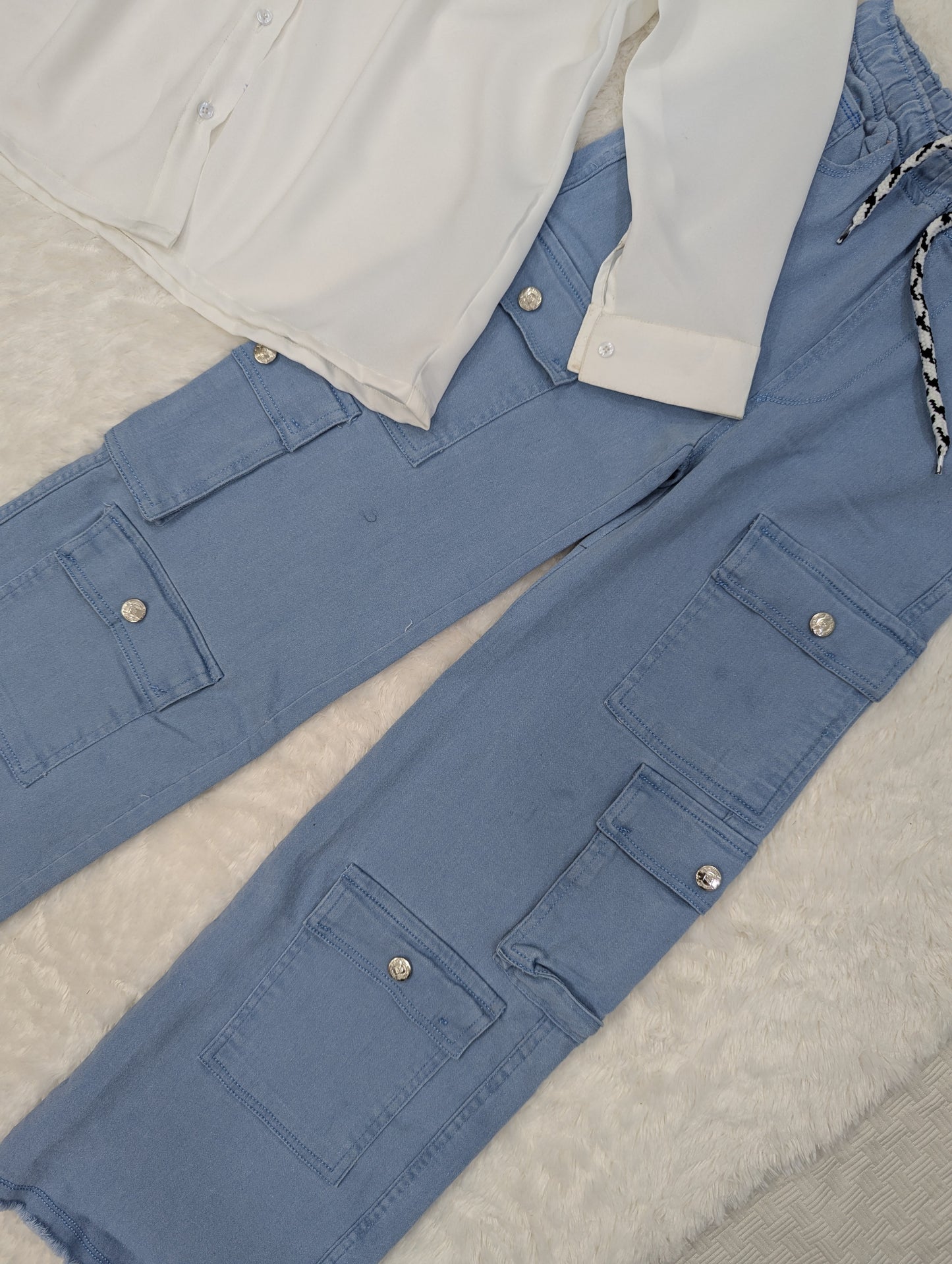 Classic White Shirt with Light Blue Cargo Pants – 2 Piece Set