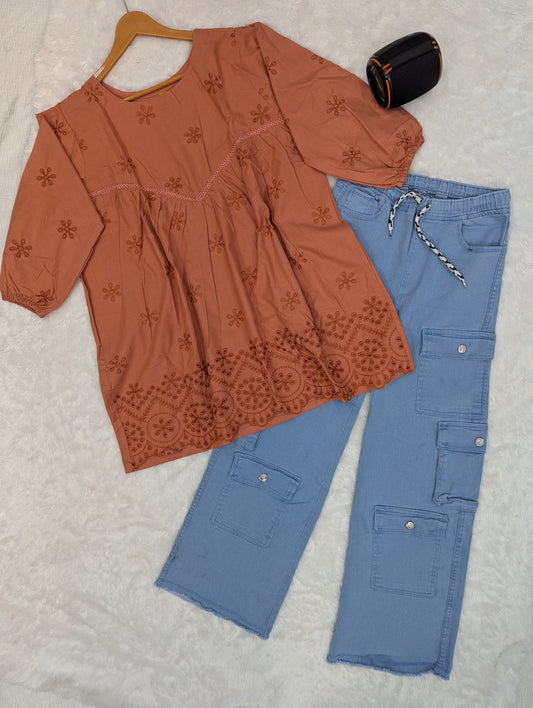 Embroidered Kurti with Cargo Pants – 2 Piece Set (Women)