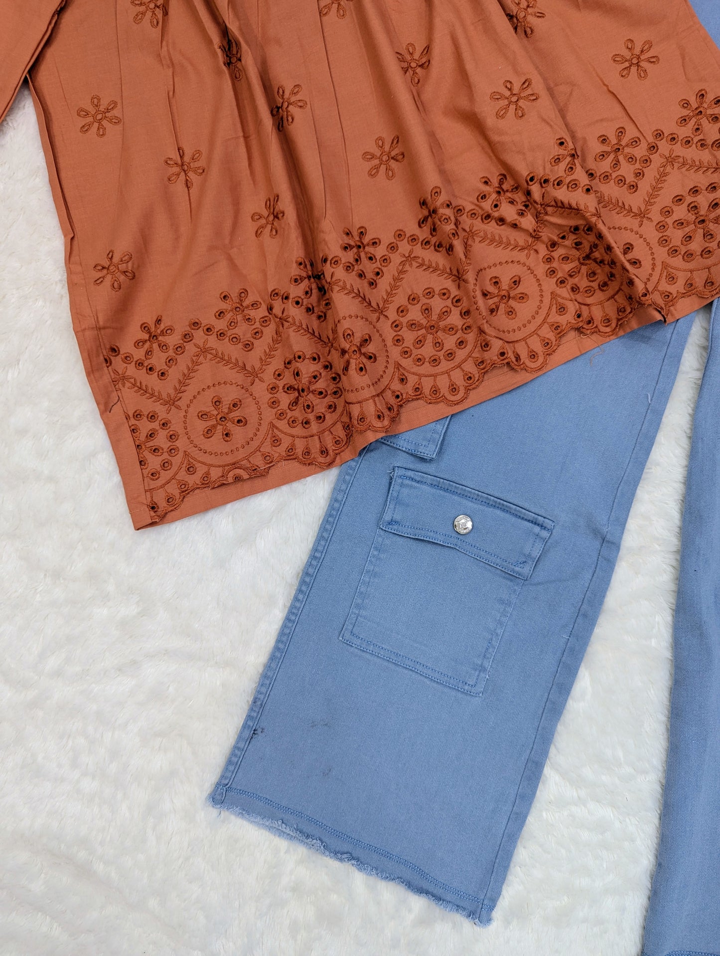 Embroidered Kurti with Cargo Pants – 2 Piece Set (Women)