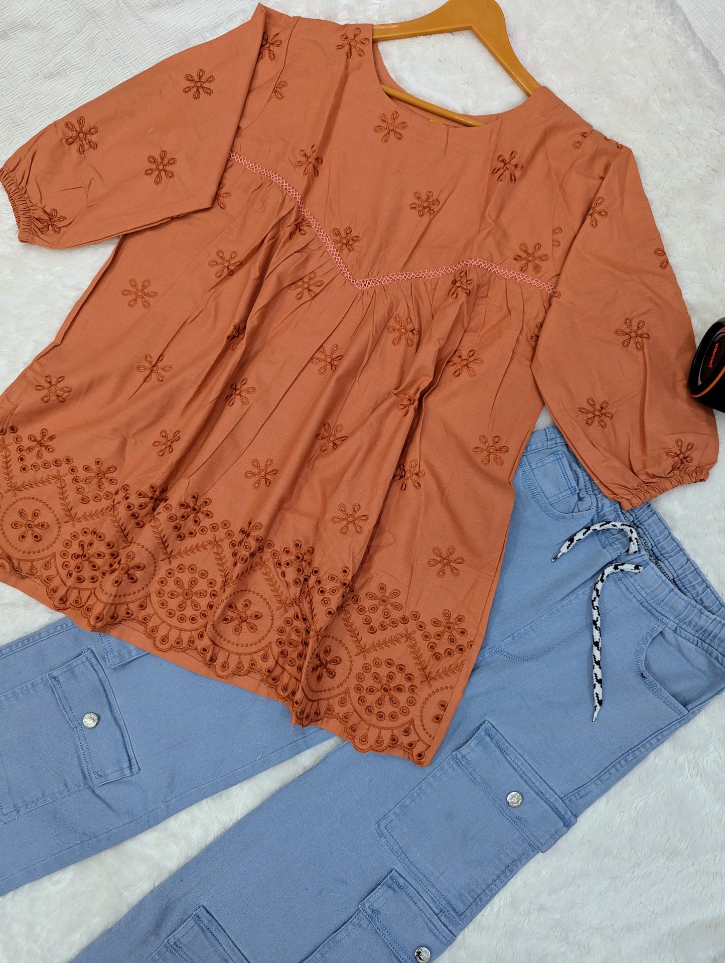 Embroidered Kurti with Cargo Pants – 2 Piece Set (Women)
