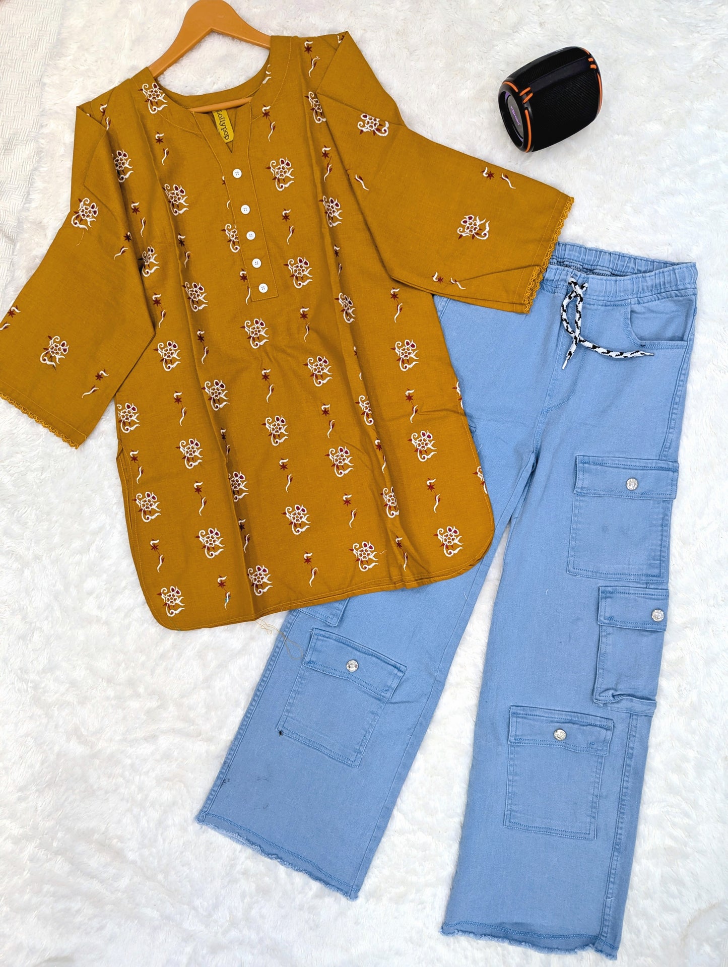 Mustard Printed Kurti  Sky Blue Cargo Pants (2-Piece Set)