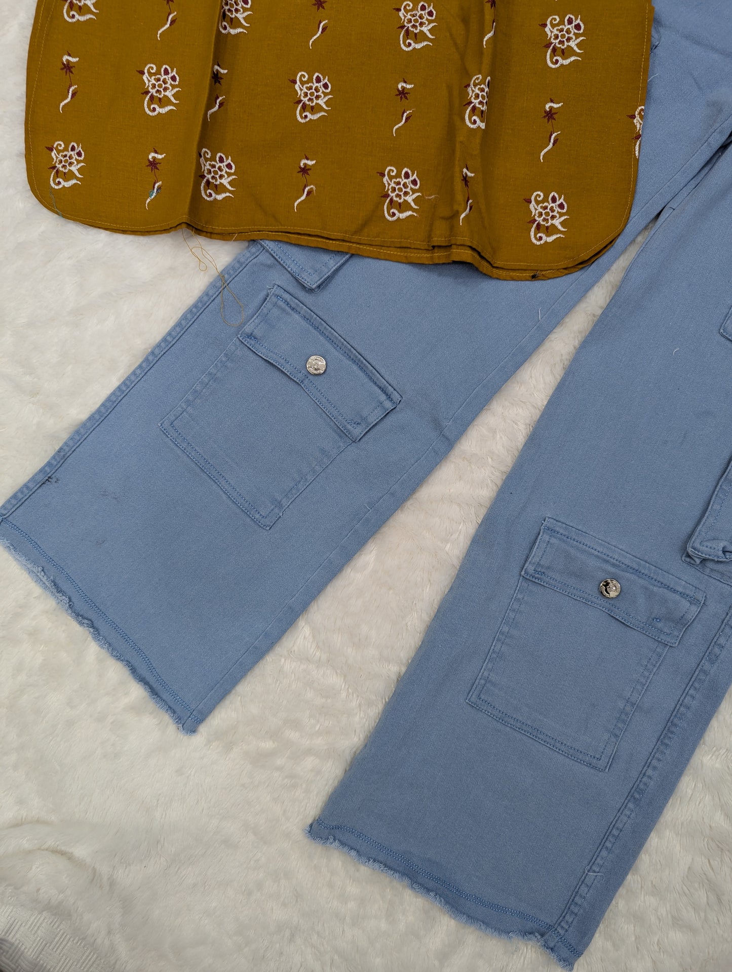 Mustard Printed Kurti  Sky Blue Cargo Pants (2-Piece Set)