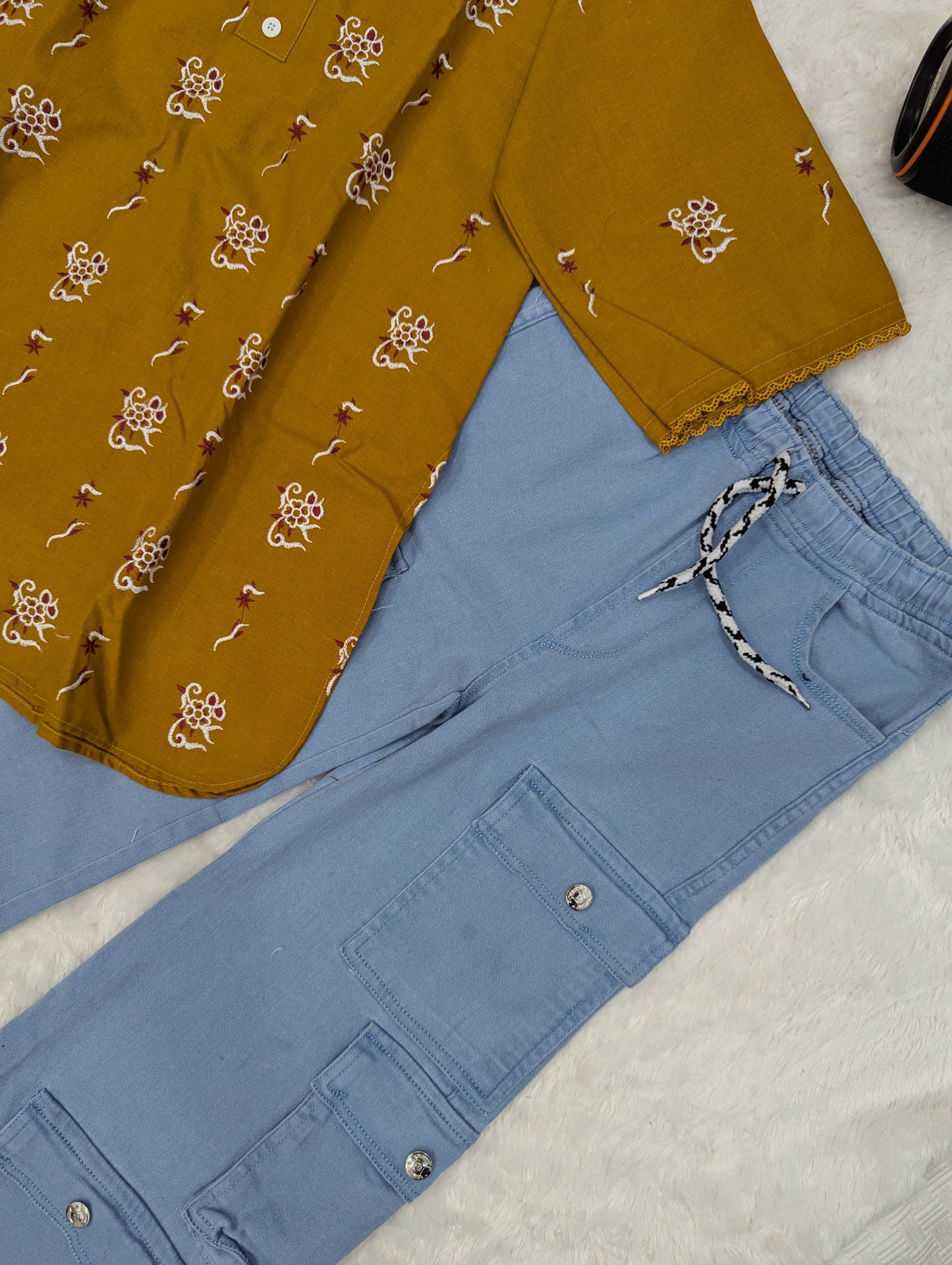 Mustard Printed Kurti  Sky Blue Cargo Pants (2-Piece Set)