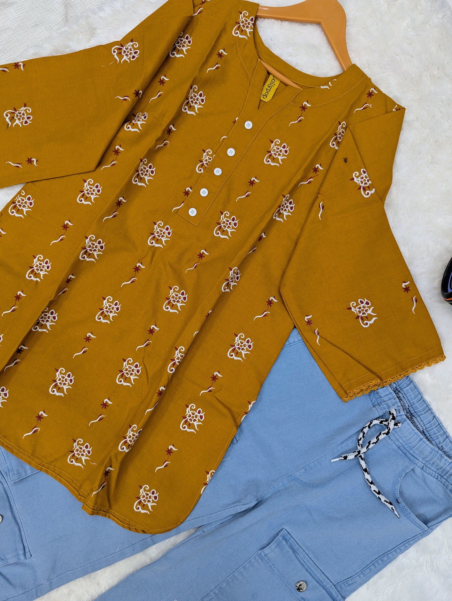 Mustard Printed Kurti  Sky Blue Cargo Pants (2-Piece Set)