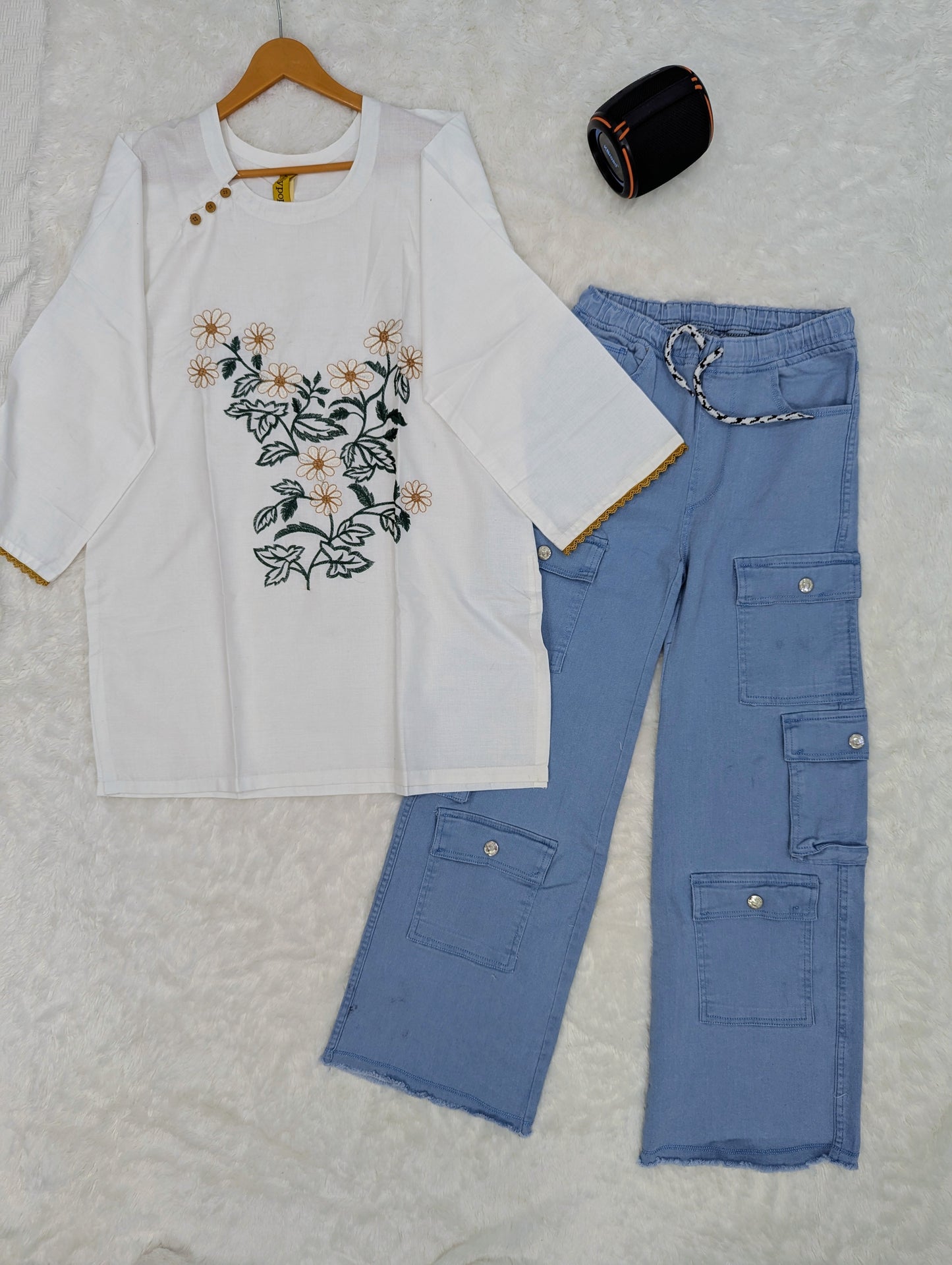 Stylish Embroidered Kurti with Cargo Pants – 2 Piece Set