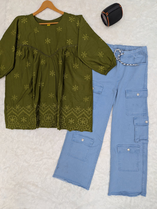 Olive Green Embroidered Top with Sky Blue Cargo Pants – Trendy 2-Piece Outfit