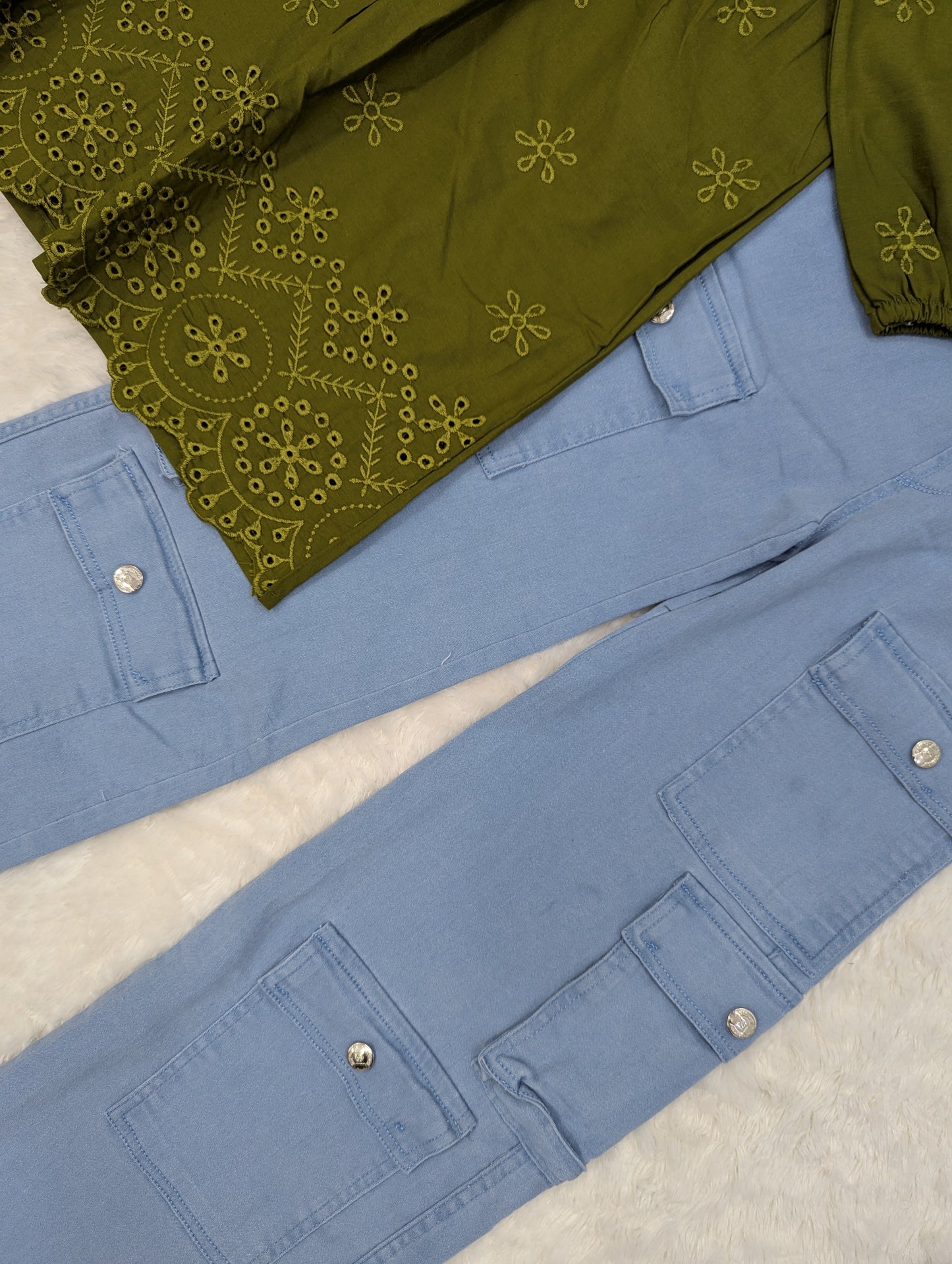 Olive Green Embroidered Top with Sky Blue Cargo Pants – Trendy 2-Piece Outfit