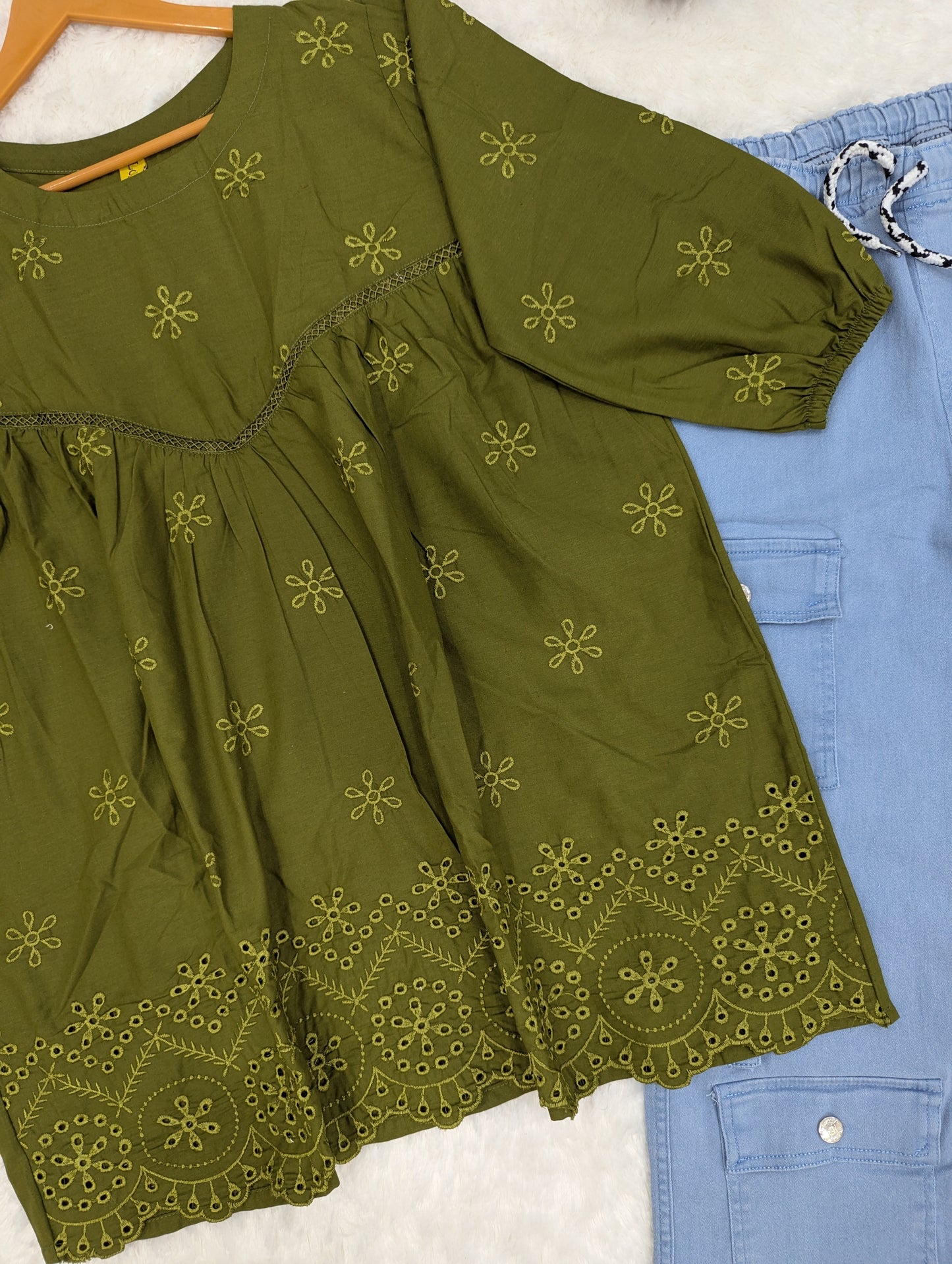 Olive Green Embroidered Top with Sky Blue Cargo Pants – Trendy 2-Piece Outfit