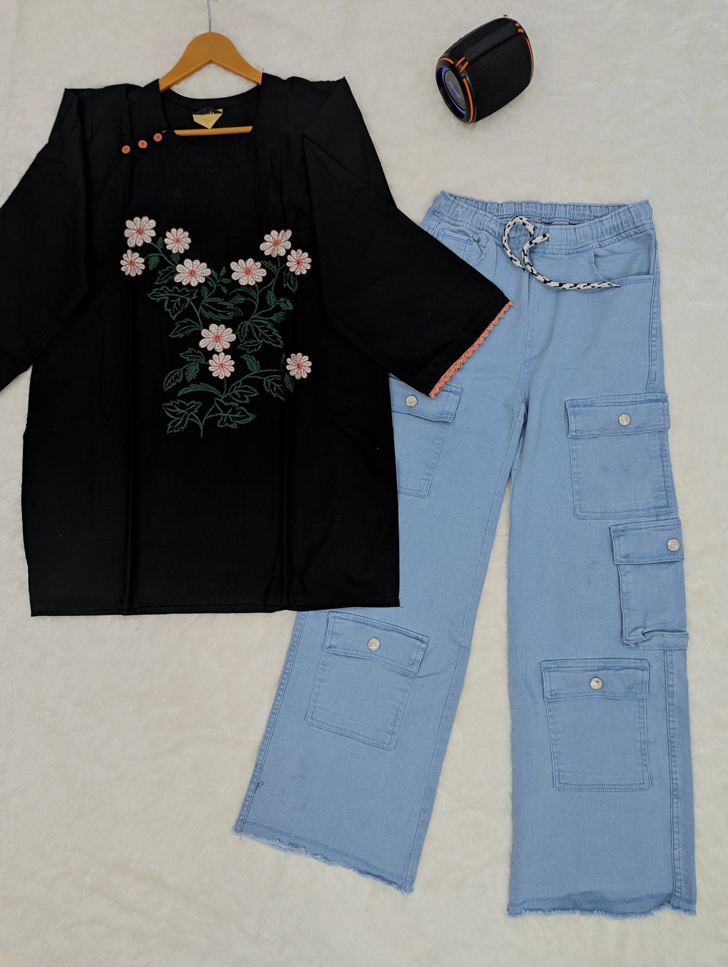 Embroidered Black Kurti with Sky Blue Cargo Pants –2 Piece Set