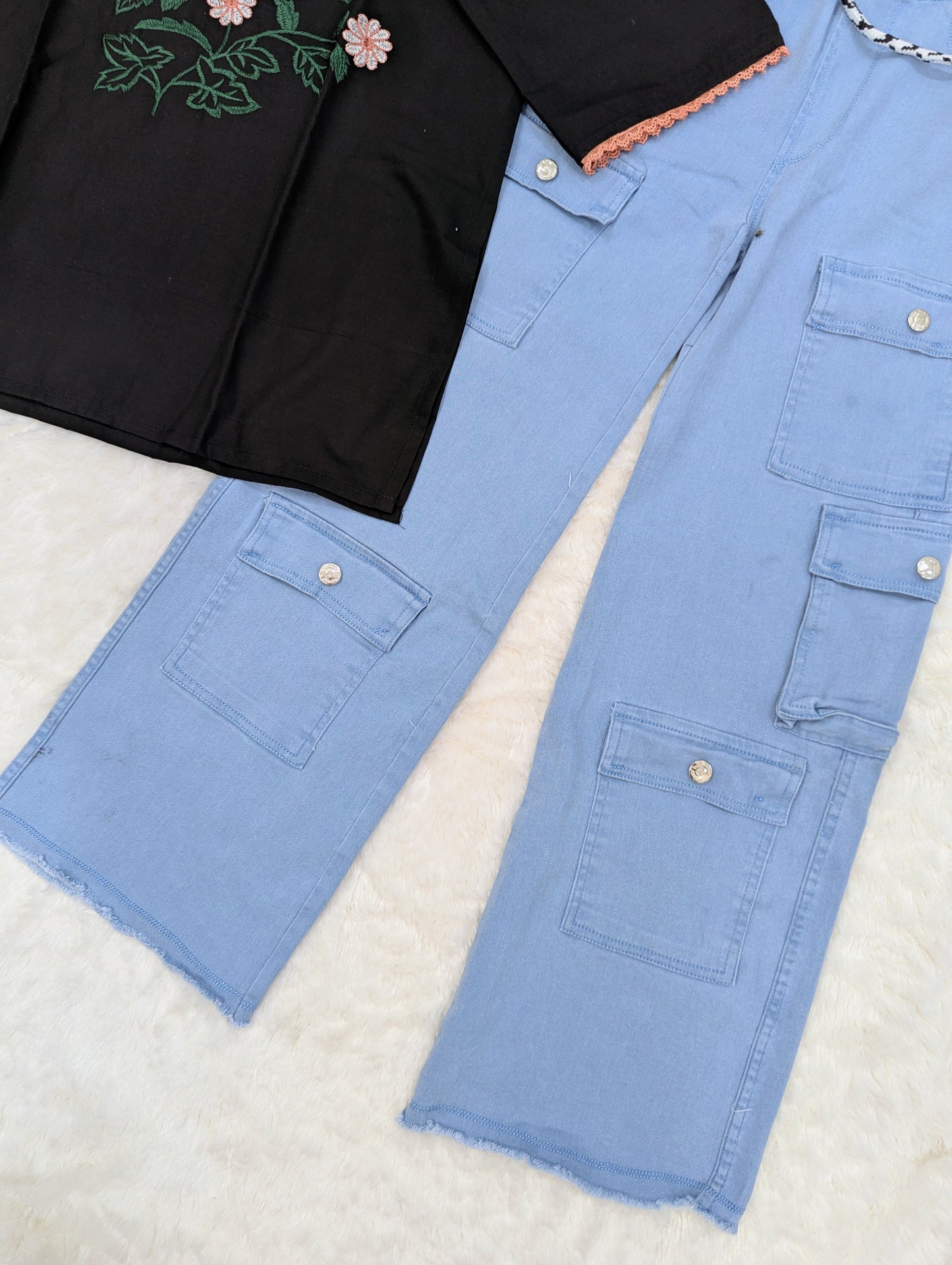 Embroidered Black Kurti with Sky Blue Cargo Pants –2 Piece Set