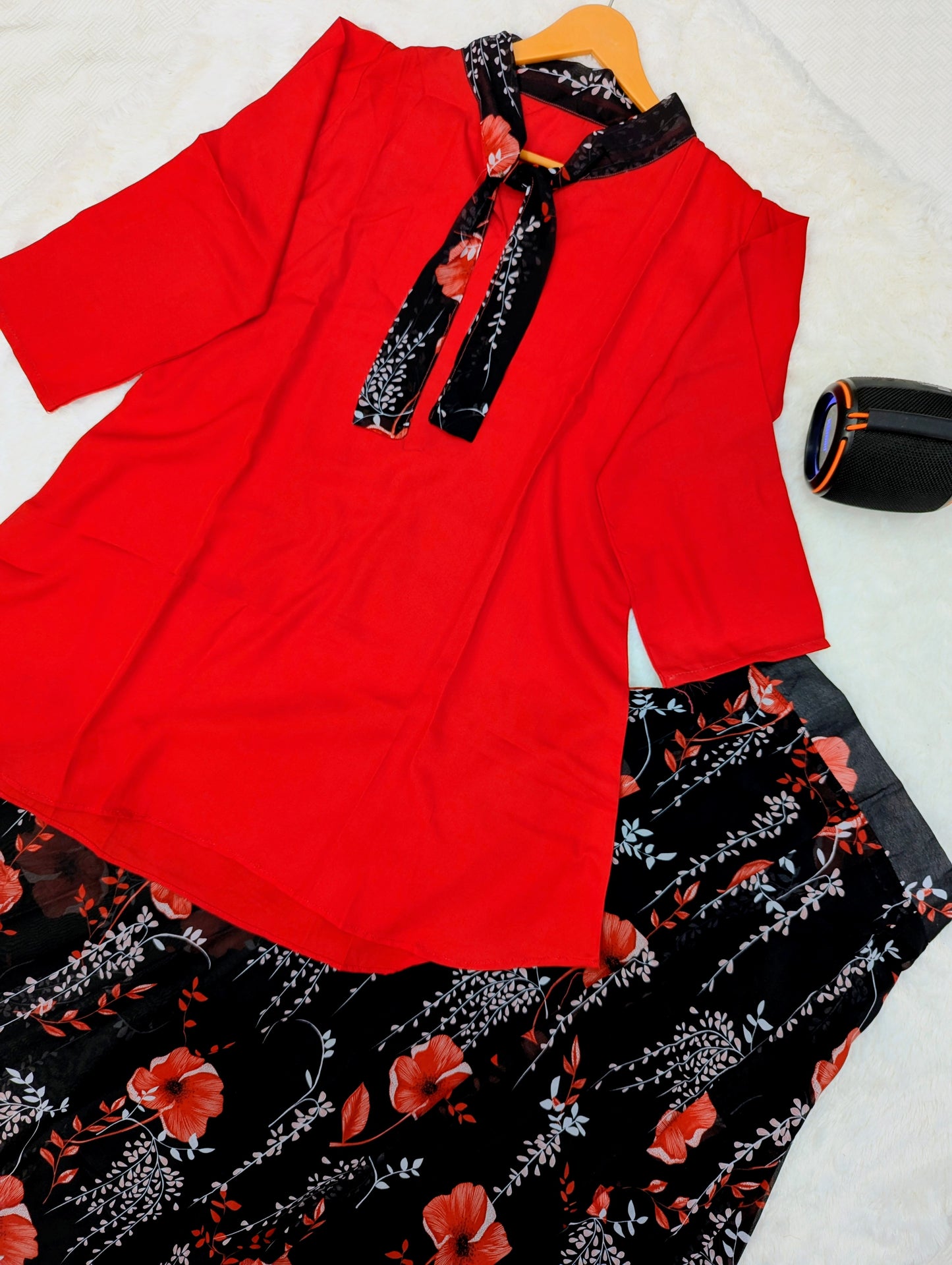 Red Floral Two-Piece Dress Set – Stylish & Comfortable