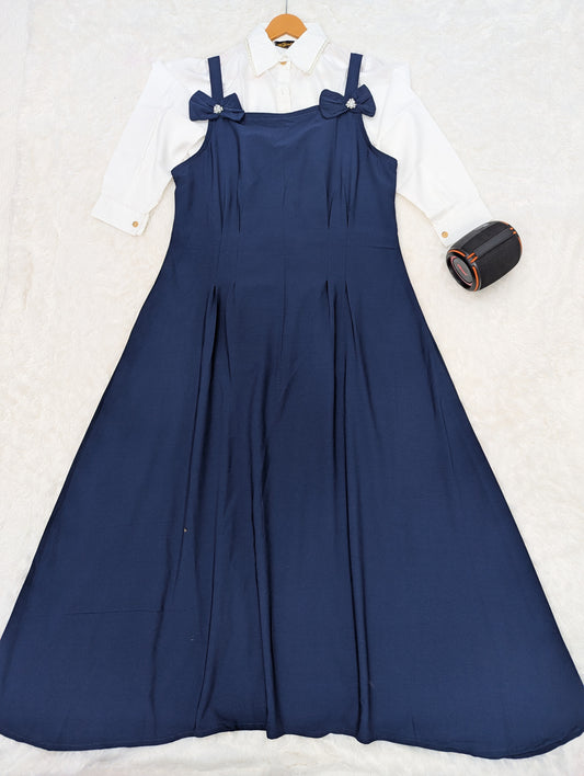 Elegant Navy Blue Romper Style Maxi Dress with White Inner Shirt