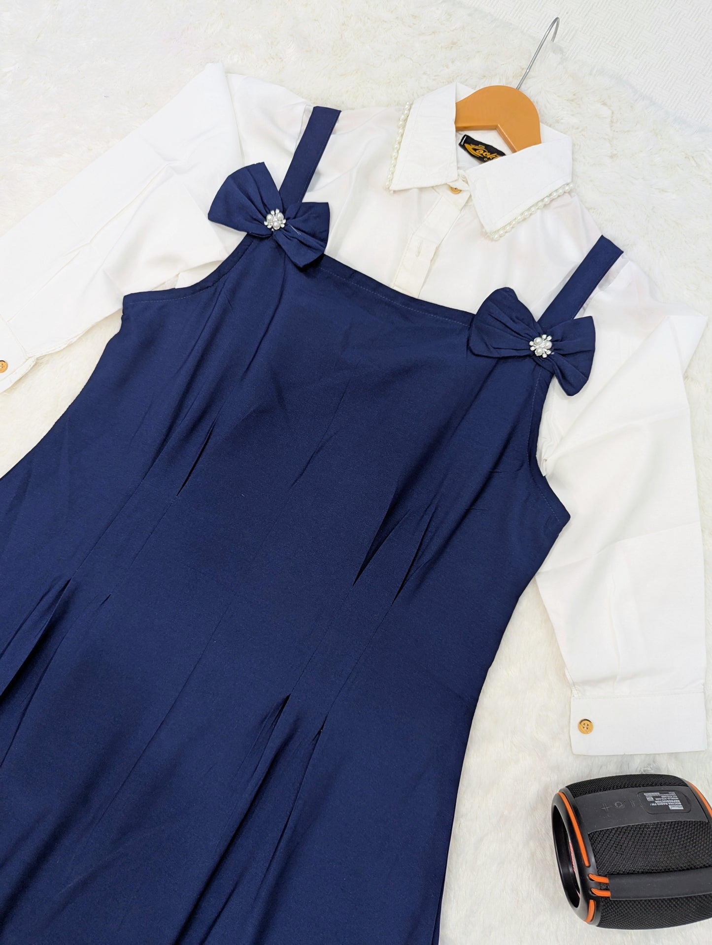 Elegant Navy Blue Romper Style Maxi Dress with White Inner Shirt