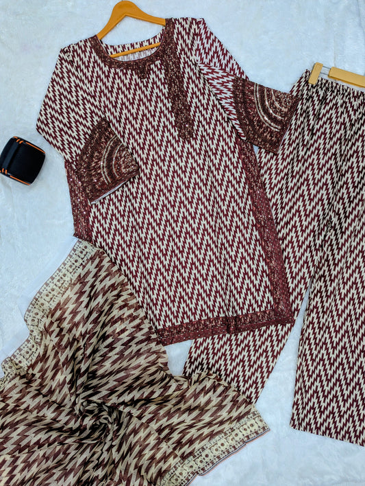 3-Piece Printed Suit for Women – Maroon & Cream Zigzag Design