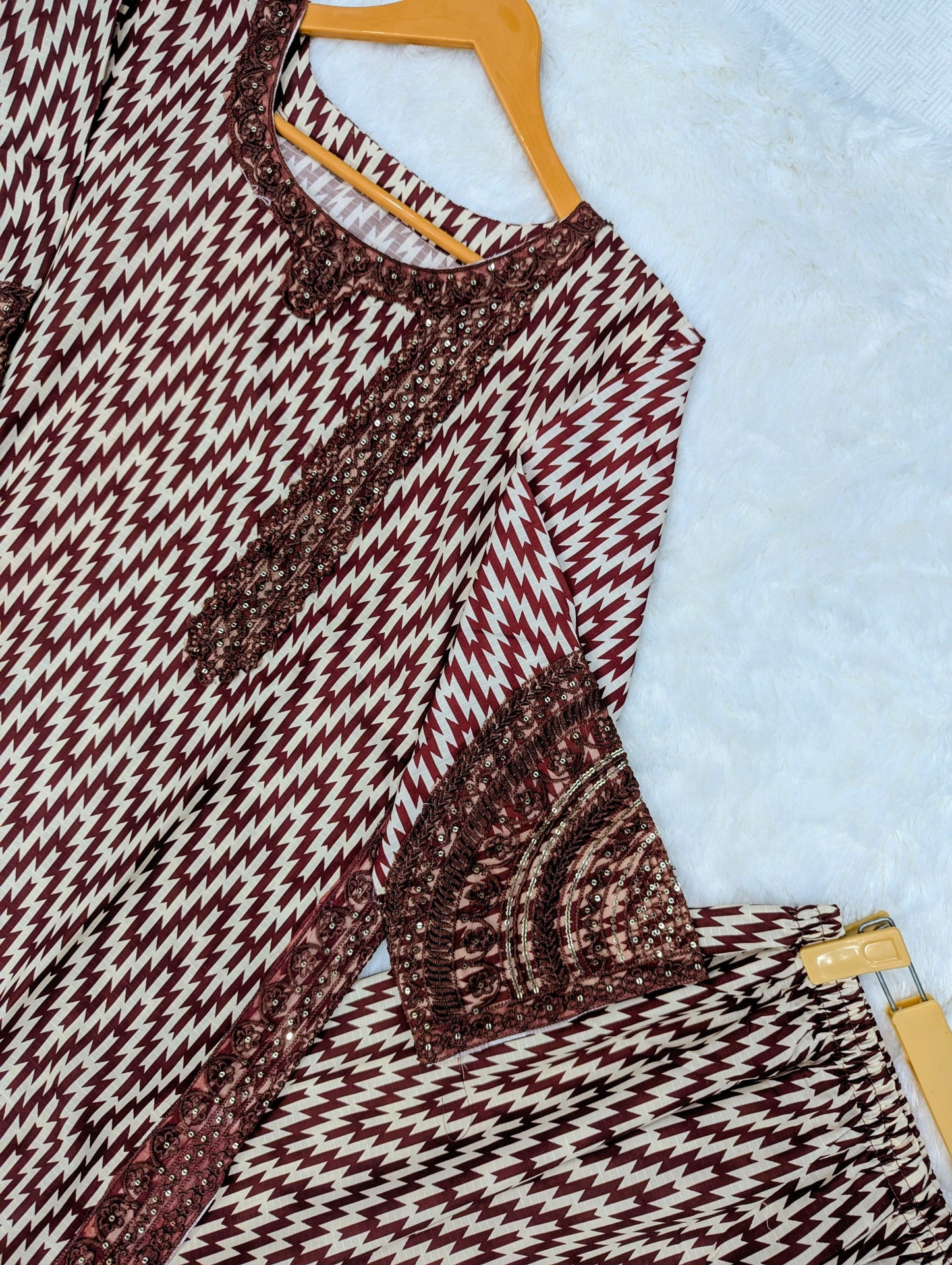 3-Piece Printed Suit for Women – Maroon & Cream Zigzag Design