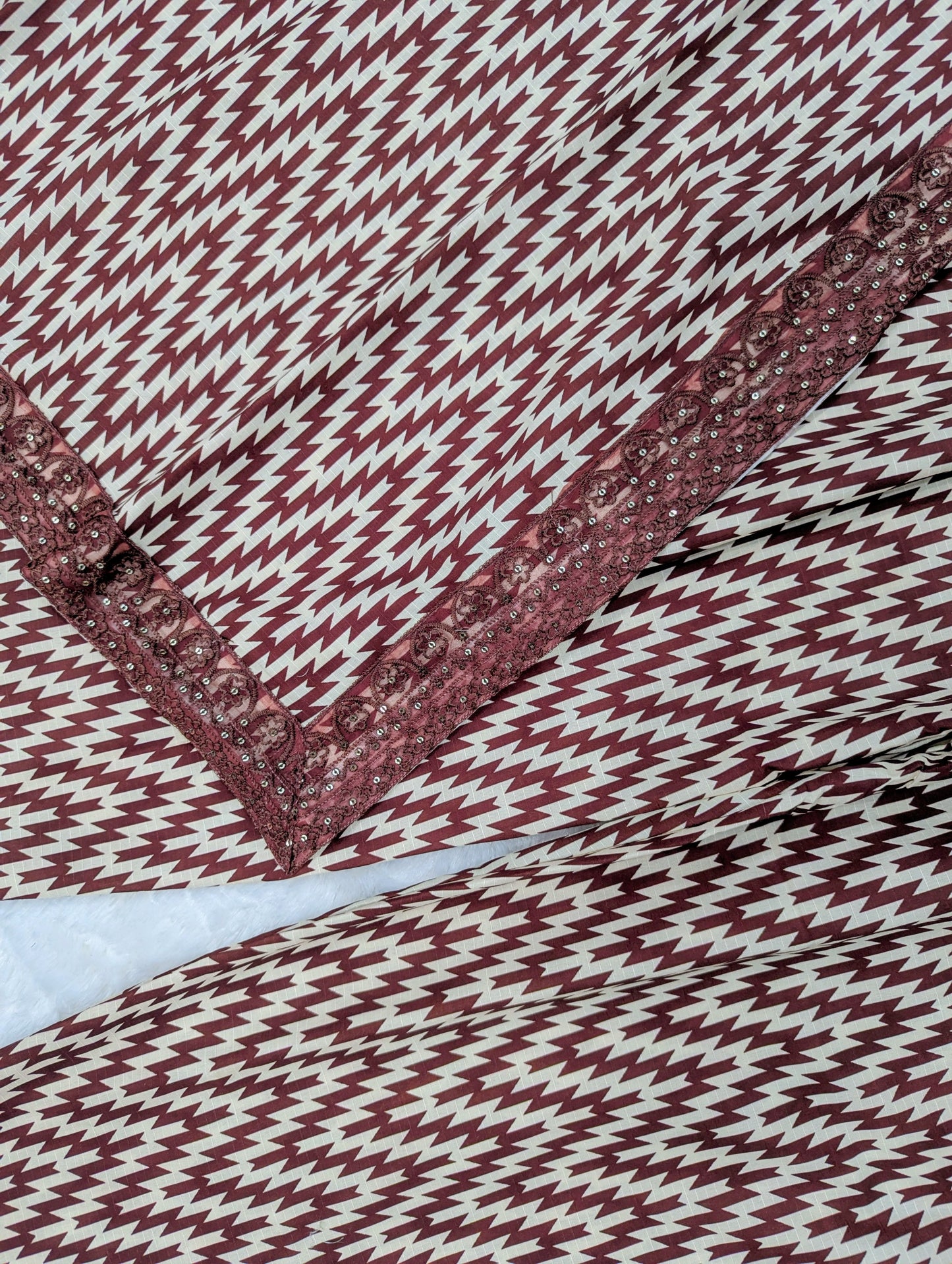 3-Piece Printed Suit for Women – Maroon & Cream Zigzag Design