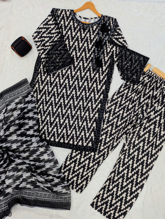 Black & White Zigzag Stitched 3-Piece Suit