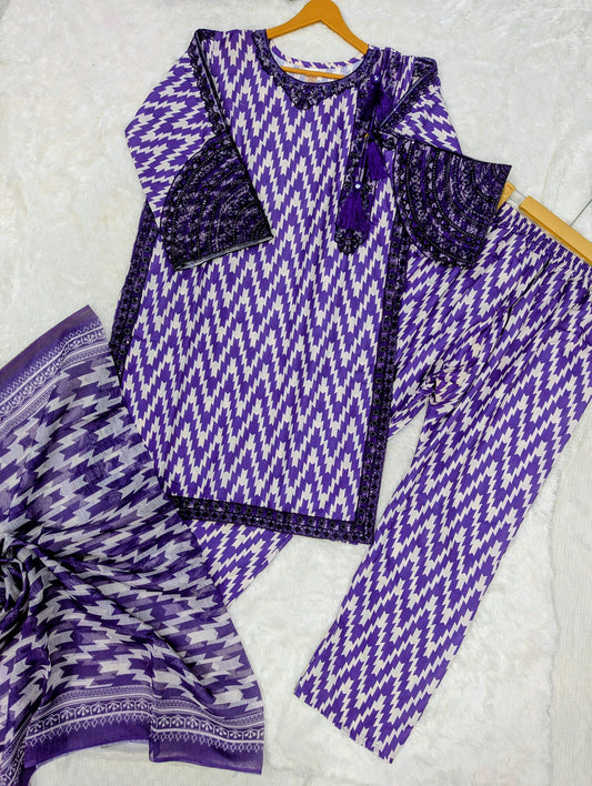 3 Piece Stitched Ladies Suit – Purple Zigzag Print (Shirt, Trouser & Dupatta)