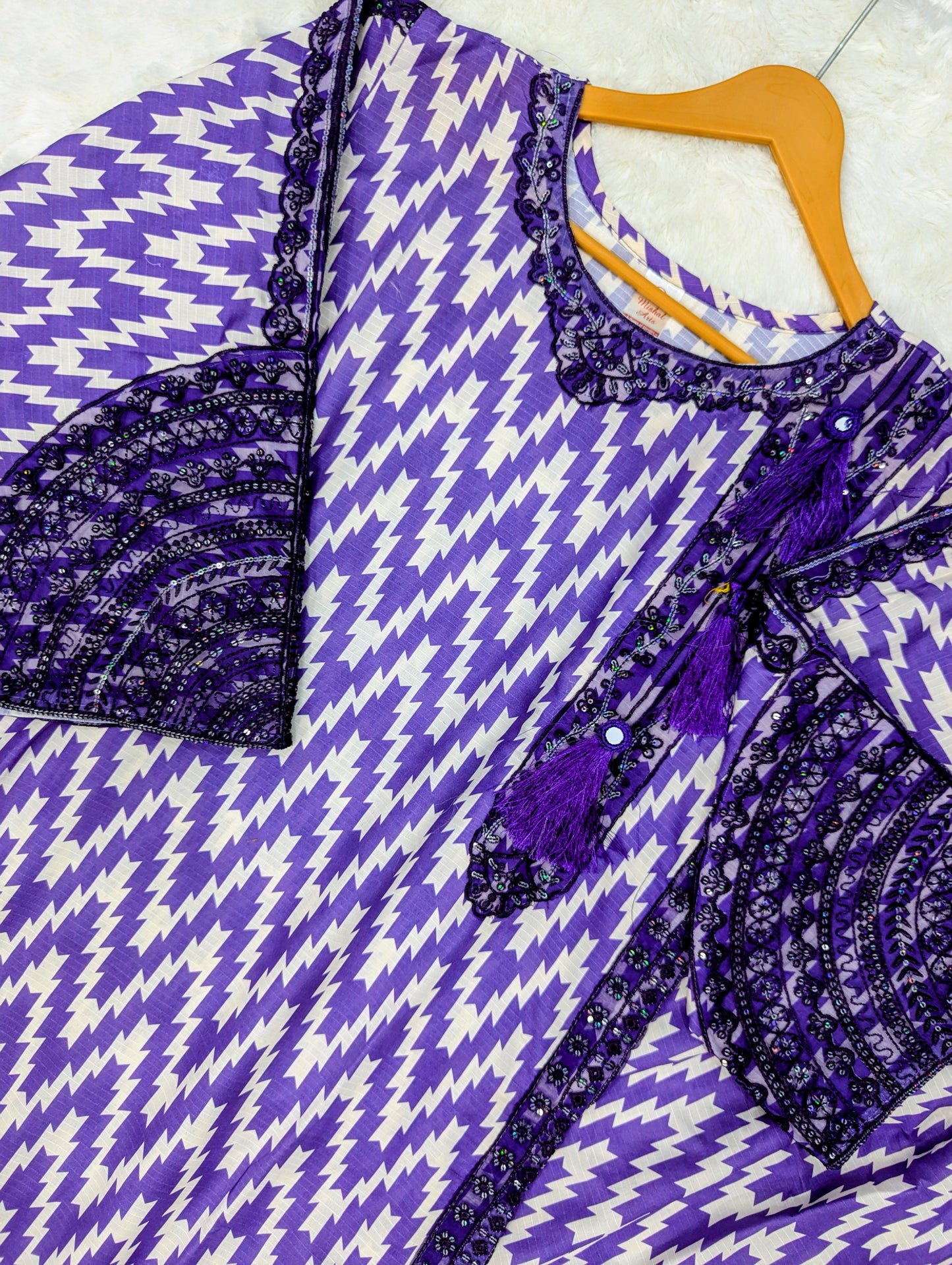 3 Piece Stitched Ladies Suit – Purple Zigzag Print (Shirt, Trouser & Dupatta)