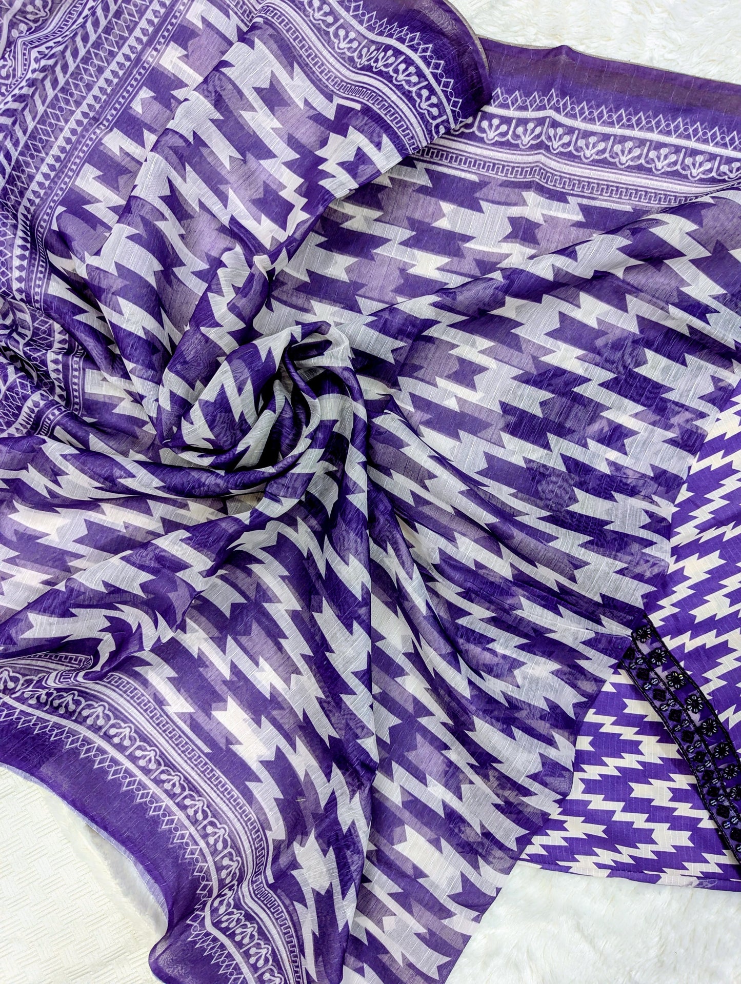 3 Piece Stitched Ladies Suit – Purple Zigzag Print (Shirt, Trouser & Dupatta)