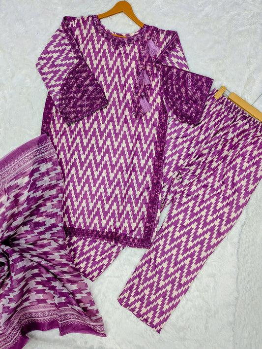 Purple Zigzag 3-Piece Unstitched Suit – Lawn Fabric