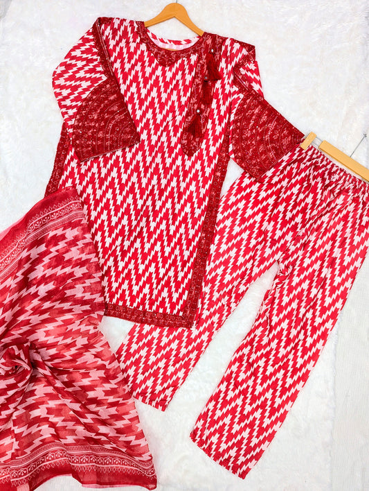 Red & White Zigzag Printed Stitched 3-Piece Suit