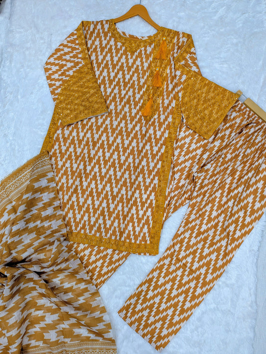 Mustard Zigzag Stitched 3-Piece Suit (Kurta, Trouser & Dupatta)