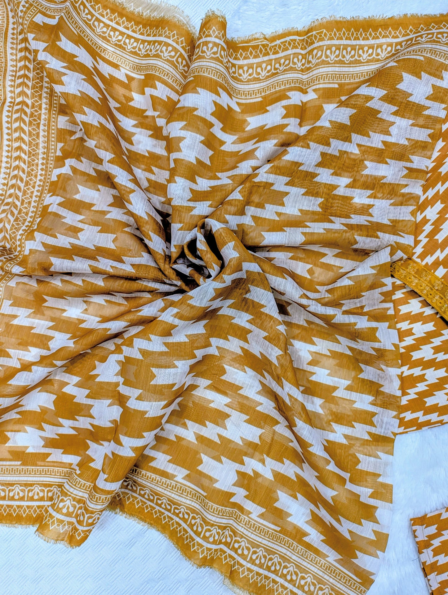 Mustard Zigzag Stitched 3-Piece Suit (Kurta, Trouser & Dupatta)