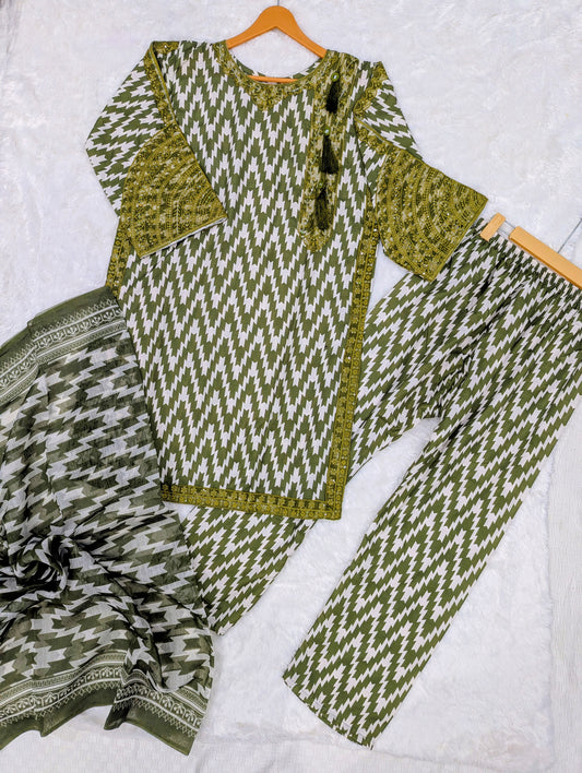 3-Piece Printed Lawn Suit –Olive Green (Stitched)