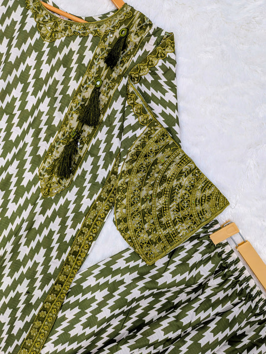3-Piece Printed Lawn Suit –Olive Green (Stitched)