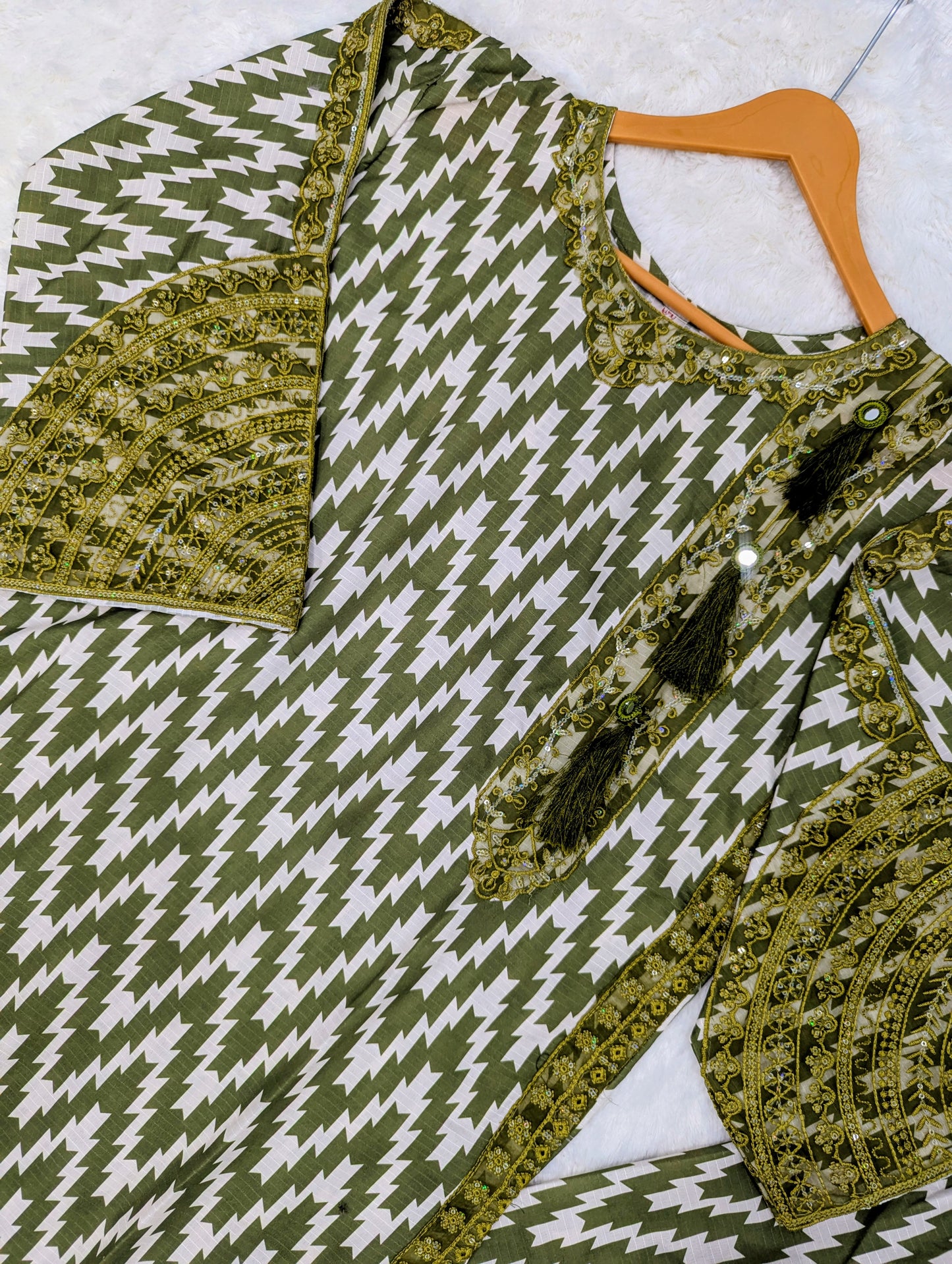 3-Piece Printed Lawn Suit –Olive Green (Stitched)