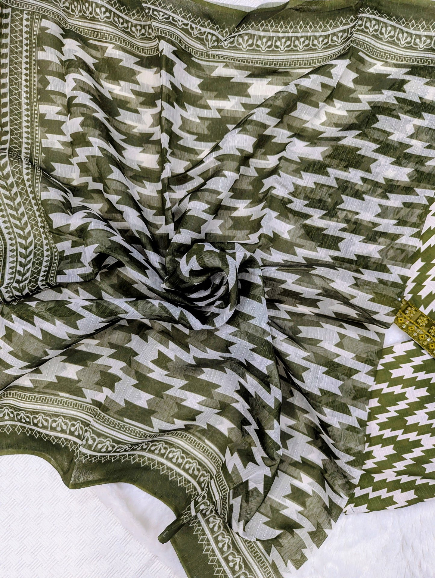 3-Piece Printed Lawn Suit –Olive Green (Stitched)