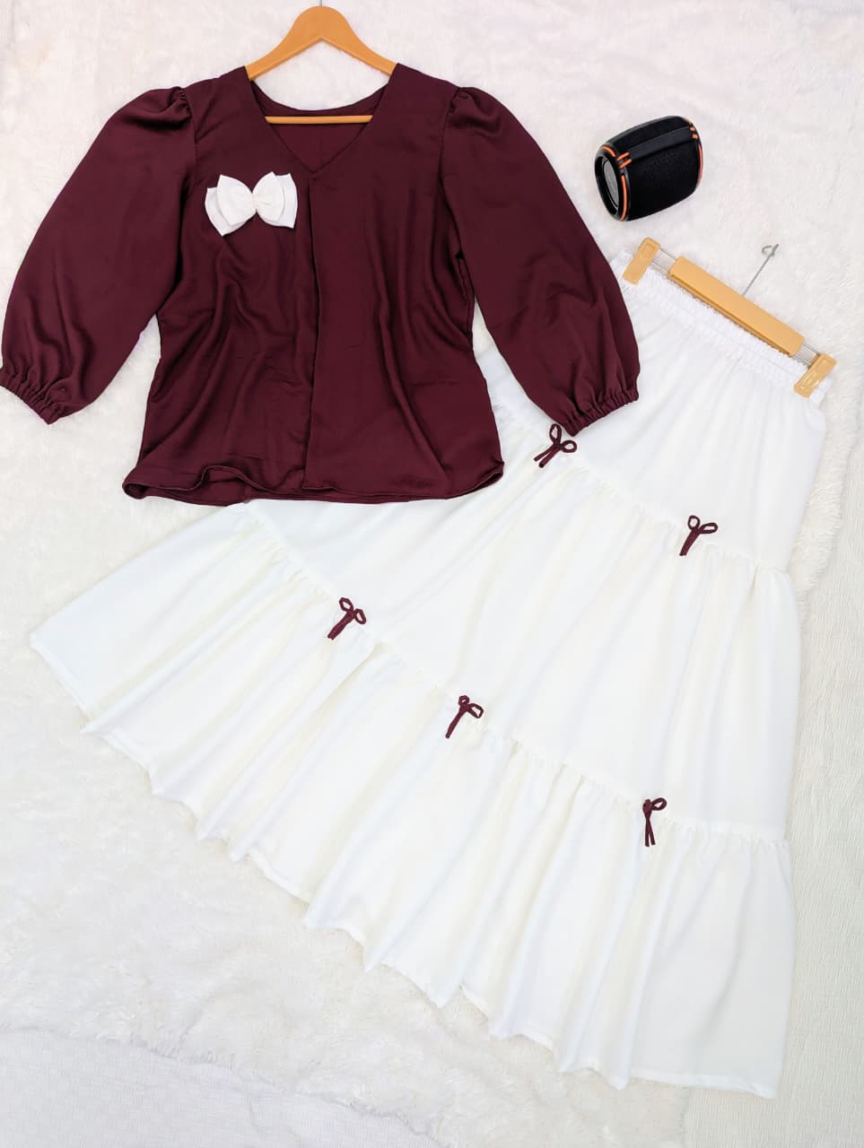 Al Shifa – Maroon Elegance Bow Top & Ivory Flare Skirt Set